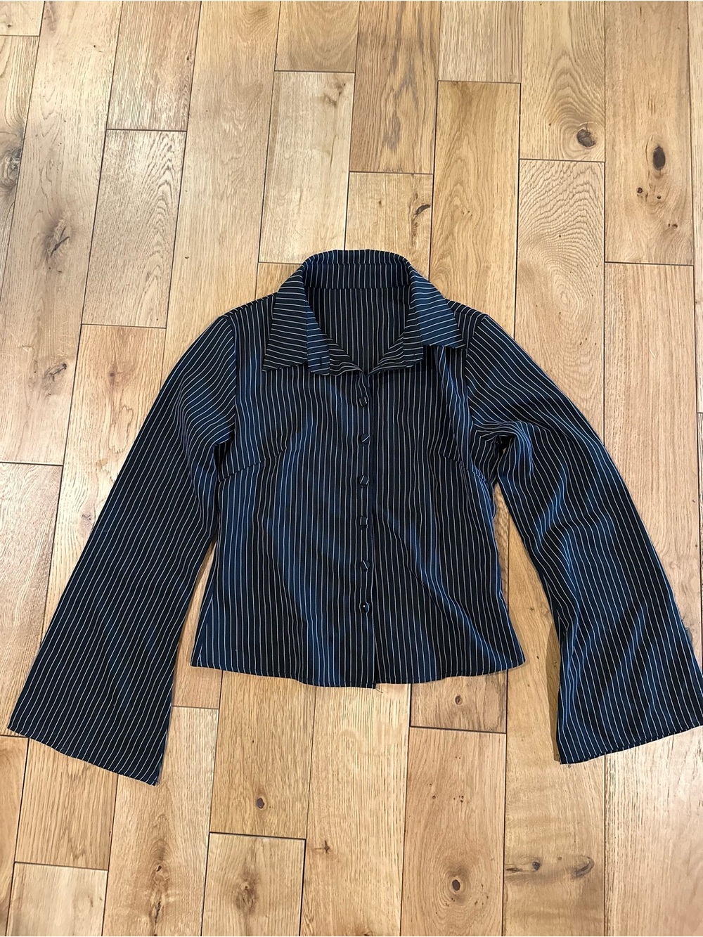 Womens Black Pinstripe bell sleeve blouse